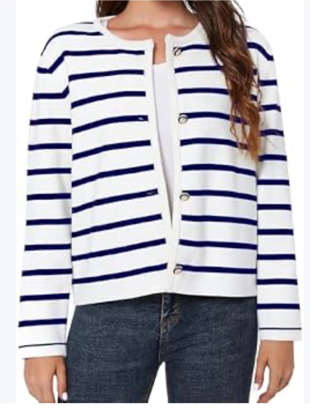 Latahuo Stripe Button-Front Women’s Sweater Jacket - White & Navy, new